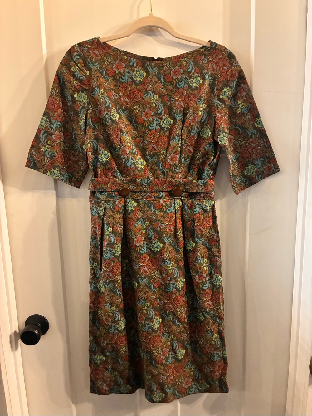 Vintage Floral Brocade Midi Dress in Rust & Teal